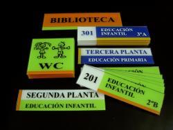 Placas para la identificación de las aulas. Los diferentes niveles, según la edad de los alumnos, se distinguen por el color dominante.